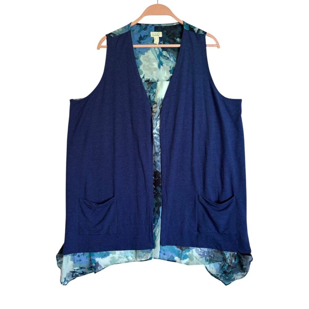 LOGO by Lori Goldstein Vest Sz 1X Watercolor Open Front Pocket Sleeveless Artsy - Picture 2 of 7